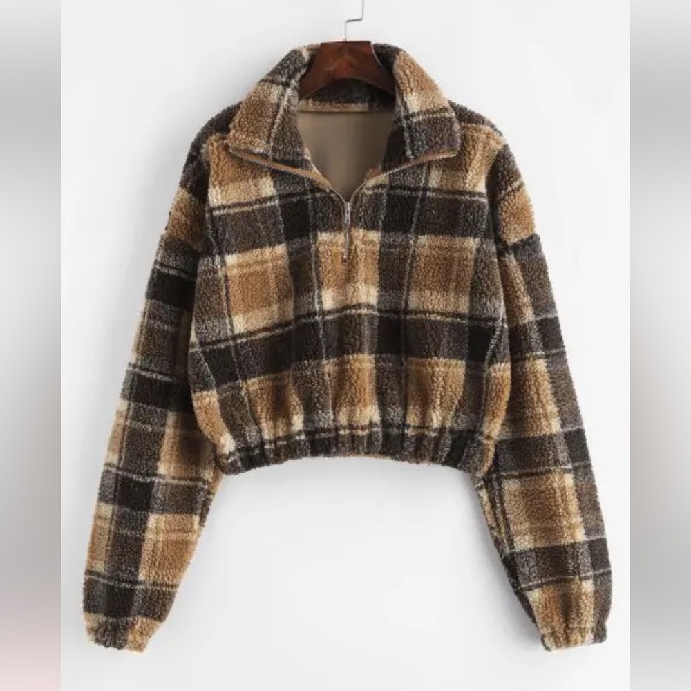 Zaful Plaid Cropped Half Zip Teddy Sweater Size M